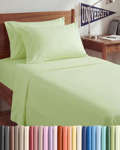 Image of Twin XL 4 Piece Sheet Set - College Dorm Room Essentials - Light Sage | Ultra Soft Dorm Bedding Set, 8 inch to 16 inch Inch Deep Pockets, 1 Flat & 1 Fitted Sheet & 2 Pillowcases, Wrinkle & Fade Free