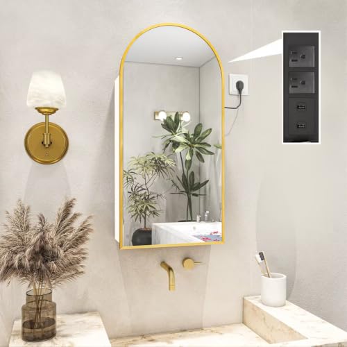 FKWin Medicine Cabinet Mirror with Power Outlet Surface Mount 16x32 Inch