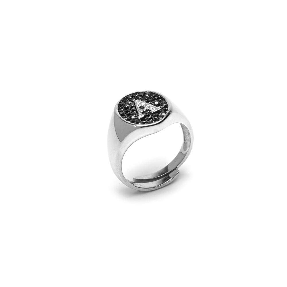 Anello Chevalier donna da Mignolo in Argento 925, Regolabile, lettera con Zirconi Neri