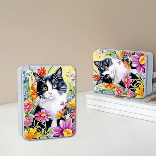 Image of Metal Tin Box with Lid,Multi-functional Storage Large Box Can Store Tea Biscuits Game Cards, Playing & Tarot Cards-Comes with 4 Magnetic Cord Clips,Tuxedo Cat in Flowers