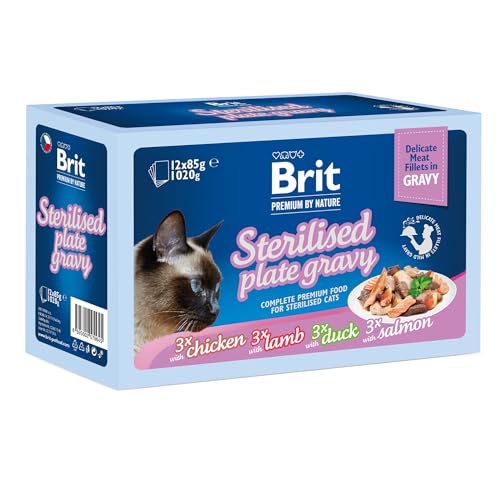 Brit Premium Delicate Nassfutter Multipack für Katzen, zarte Filets in Soße, Huhn, Lachs, Lamm & Ente, proteinreiches Katzenfutter, 12 x 85 g