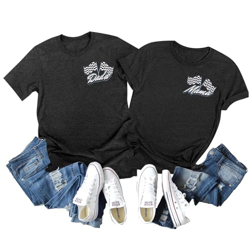 Racing Birthday Party Matching Shirt Mom and Dad Car Racer Couple T Shirt Checkered Flag Short Sleeve Tee Tops