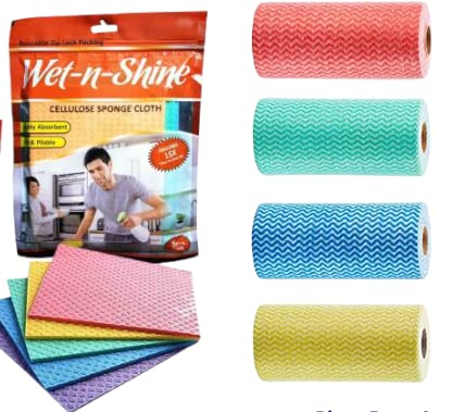 The Craft Store Wet-N-Shine Original Multipurpose Cellulose Sponge Cloth Sponge Wipe 5 pcs + Washable and Reusable Kitchen Tissue/Towel Paper 1 Roll for Cleaning Kitchen /Home/Microwave/