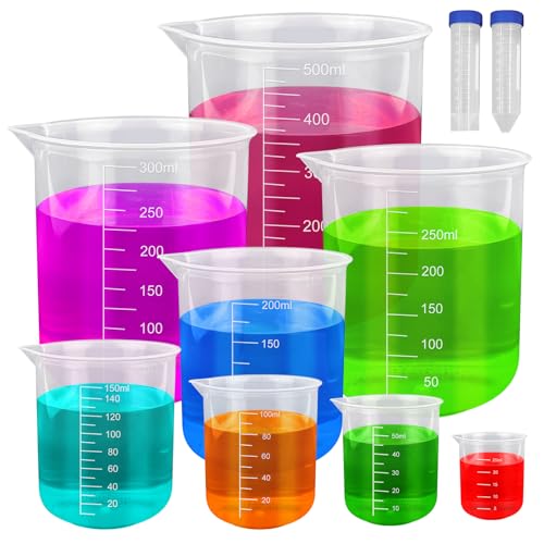 ADNEWX Juego de 10 vasos medidores de laboratorio 25/50/100/150/200/250/300/500 ml de plástico con 2 tubos de centrífuga para mediciones diarias de laboratorio