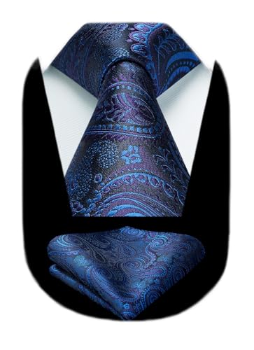 Image of HISDERN Extra Long Ties for Men Classic Floral Tie and Pocket Square Elegant Silk Necktie Handkerchief Set Wedding Party