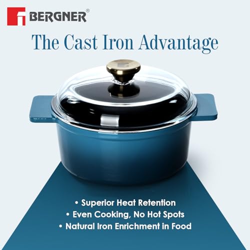 Image of Bergner Excalibur Lightweight Cast Iron Dutch Oven /Biryani Pot /Casserole with Glass Lid, 20cm (2.3L), Non-Stick Coating, PFAS Free, Elegant Design, Silicone Grips, Induction and Gas Stove Ready (Blue)