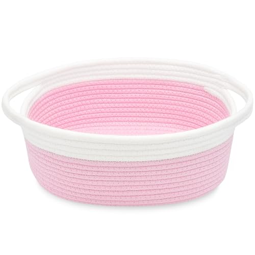 Image of ABenkle Small Basket with Handles, Boho Decorative Rope Woven Dog Cat Toy Storage Bin Shelf Storage Organizer, Easter Christmas Gift Basket, 12 inchx8 inchx5 inch, Pink