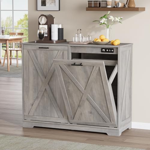 Image of Double Tilt Out Trash Can Cabinet, Wooden Farmhouse Kitchen Garbage Bin Enclosure with Negative Ion Odor Control, Hidden Dog Proof Trash or Laundry Basket Storage for Laundry Room, Grey