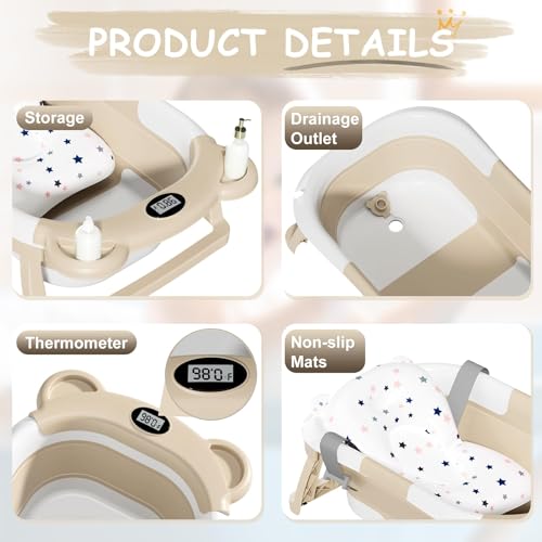 Image of TPN Collapsible Baby Bathtub, Baby Bath Tub with Soft Cushion & Real-Time Thermometer, Baby Bathtub Infant to Toddler Tub (0-36 Months), Portable Newborn Travel Bath Tub