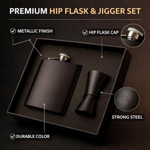 Image of Hip Flask with Peg Messurer Wine Flask Gift Set for Men & Women Stainless Steel (60ML+30ML Peg Messurer + Whiskey Flask) (Black)