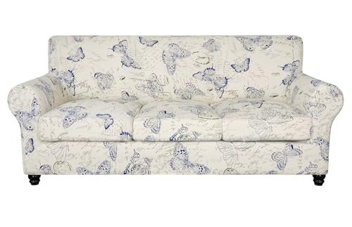 SearchI Stretch Sofa Cover Printed Couch Cover, Floral Pattern 4 Pieces Sofa Slipcover with 3 Separate Cushion Cover, Washable Furniture Protector for Living Room(Sofa, Butterfly Pattern)
