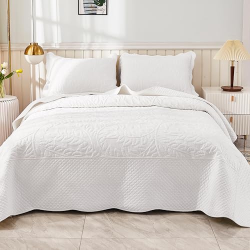MarCielo 3-Piece 100% Cotton Oversized Bedspread Lightweight Quilt Coverlet Embroidery Farmhouse Bedding Set T0 (Bright White, Oversized King (118"x106"))