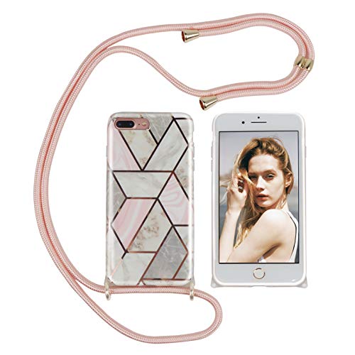 Nupcknn Funda Marmol con Cuerda para iPhone 7 Plus/iPhone 8 Plus, Carcasa TPU Suave Silicona Case con Correa Colgante Ajustable Collar Correa de Cuello Cadena Cordón(Oro Rosa)