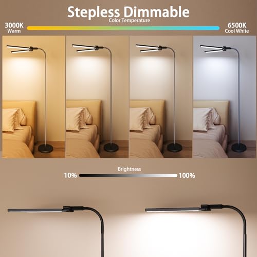 Image of SIBRILLE LED Floor Lamp, 24W Dual Head Dimmable Standing Lamp with Remote & Touch Control, Adjustable Gooseneck, 3000K-6500K Modern Reading Lamp for Living Room, Bedroom, Office & Crafts