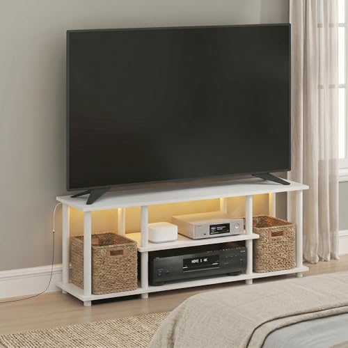 Image of Furinno Turn-N-Tube 3-Tier No Tools TV Stand with LED Lights, White | for TV up to 50 Inch, Open Frame Entertainment Center, TV Console for Living Room, Bedroom