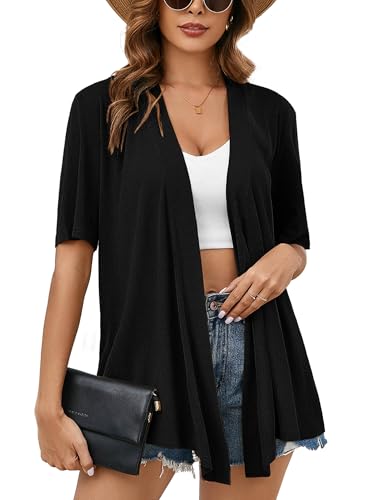 Image of Heymoments Women's Lightweight Open Front Cardigans Short Sleeve Casual Soft Knit Cardigan Sweaters with Pocket S-2XL