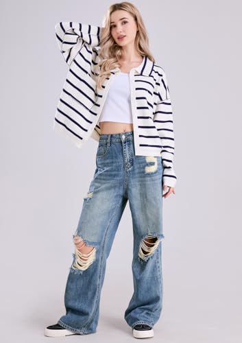 chouyatou Women's Button Down Striped Cardigan Sweater Polo Collar Open Front Knit Jacket 2024 Fall Outfits3