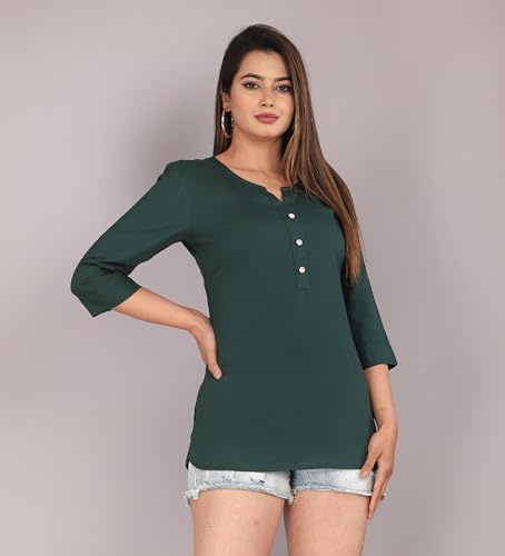 Image of Himanshi Enterprises Women's Traditional Casual 3 /4 Sleeves Mandarin Nack Rayon Solid Short Kurti
