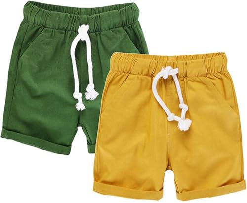 HILEELANG Pantalones cortos de algodón para niños pequeños, paquete de 2 unidades, chino, cortos de verano, con bolsillos, 2 – 10 años - amarillo - 24 meses