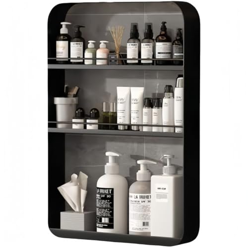 Mudfuio【壁掛け/吸着式】浴室収納ラック 2段or3段or4段選べる シャンプー棚 歯ブラシスタンド付き 風呂/洗面所/トイレ対応 耐水防錆 水滴抜き設計 (黒です,三階)