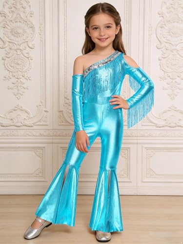 Salopetes metálicos brillantes con flecos azul claro para danza infantil 2