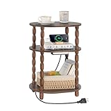 MaxSmeo Side Table with Charging Station, 3-Tier Small End Table with USB Ports and Outlets, Modern Oval Night Stand Accent Table for Living Room, Bedroom, Rustic Brown