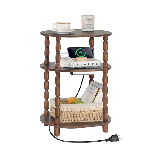 MaxSmeo Side Table with Charging Station, 3-Tier Small End Table with USB Ports and Outlets, Modern Oval Night Stand Accent Table for Living Room, Bedroom, Rustic Brown