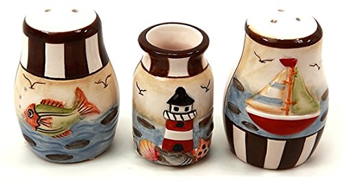 Set 3 pièces Mer marron avec salière poivrière et porte cure-dents
