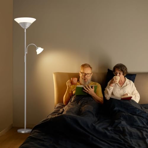 Image of SIBRILLE 2-in-1 Torchiere Floor Lamp, 34W Super Bright LED Standing Lamp with Remote & Touch Control, 72 inch Dimmable Adjustable Corner Reading Lamp for Living Room, Bedroom, Office, Silver
