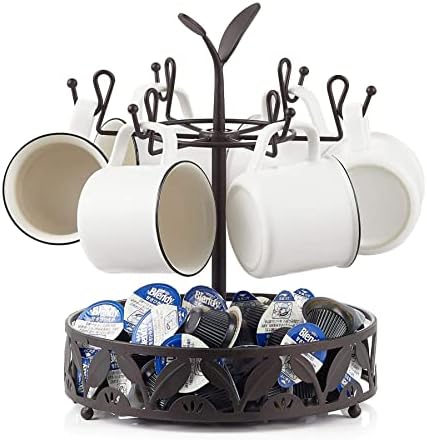 Ouseen Coffee Mug Holder with Coffee Pod Basket Storage, Rotatable 6-Capacity Cup Mug Holder Tree, Coffee Counter Bar Accessory & Kitchen Organizer