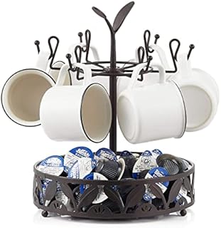 Ouseen Coffee Mug Holder with Coffee Pod Basket Storage, Rotatable 6-Capacity Cup Mug Holder Tree, Coffee Counter Bar Accessory & Kitchen Organizer