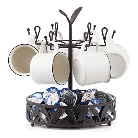 Ouseen Soporte para taza de café con almacenamiento de canasta de cápsulas de café, árbol giratorio de soporte para taza de 6 capacidades Cover