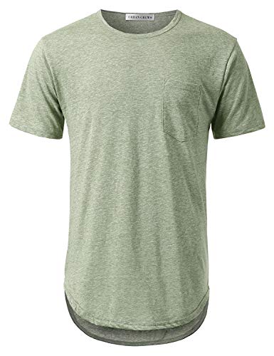 URBANCREWS Mens Hipster Hip Hop Melange Elong Crewneck T-Shirt with Pocket Olive- L