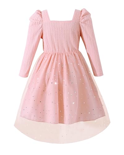 Renotemy Toddler Girl Tutu Dresses Fall Winter Puff Long Sleeve Sequin Dress Princess Birthday Party Dress for Girl 3-8Y2