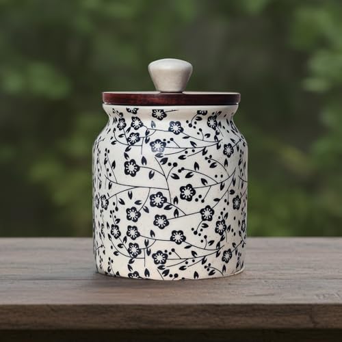Image of Vistas 'Heritage Black' Airtight 420ml Set of 1 Ceramic Jar for Kitchen Storage | Handcrafted Ceramic Barni with Wooden Lid | Multipurpose Pickle, Spice & Salt Container