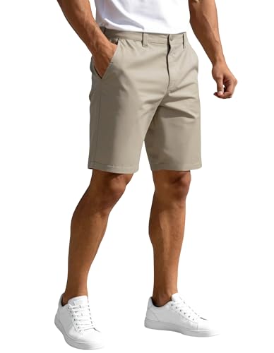 PULI Mens Golf Dress Shorts 9 Inch Flat Front Stretch Hybrid Lightweight Quick Dry Chino Shorts with Zip Pockets Khaki 34