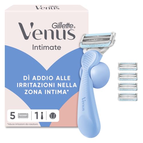 Gillette Venus Rasoio Donna Parti Intime per Peli e Pelle della Zona Intima + 5 Lamette Donna di Ricambio, Rasoio Parti Intime, Lamette di Ricariche, con Barra Anti-irritazioni