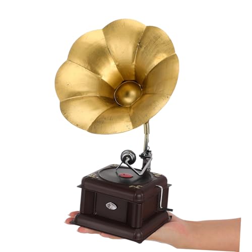 Gramophone Décoratif Vintage en Fer Peint Bronze Objet Déco à Manivelle