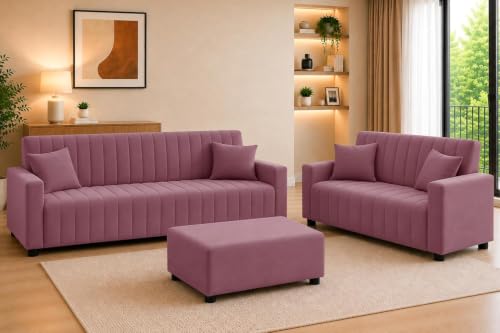 Image of Rosebell 3+2 Velet Fabric Sofa Set with Ottoman | 5-Seater Sofa | Living Room Furniture, Apartment & Office |Rose Pink-Color