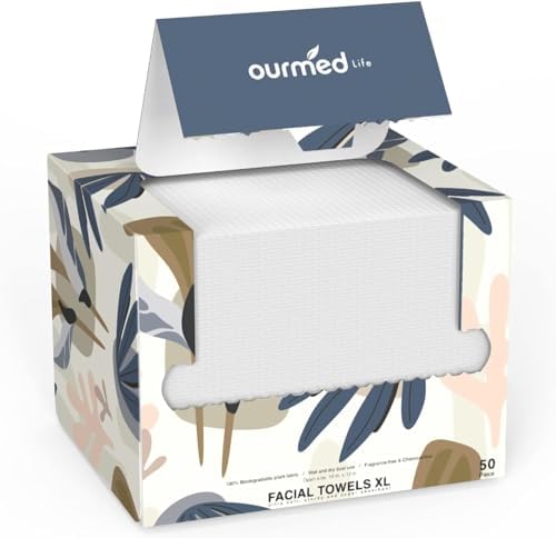 Ourmed Life Disposable Face Towel Facial Tissue | Lint-Free Biodegradable Clean Towels | Dry Makeup Remover Wipes | Super Soft & Thick for Sensitive Skin | 10-Inch X 12-Inch Large Size | 50 Count