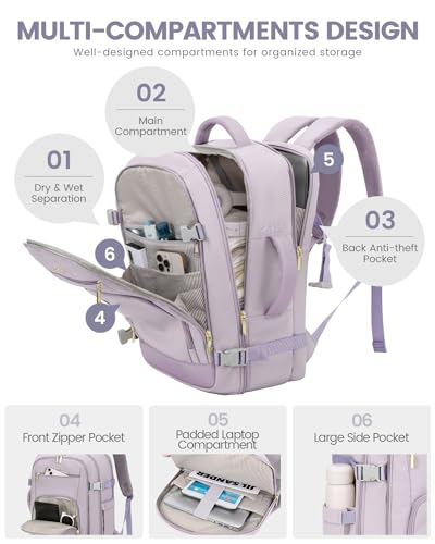 Image of LOVEVOOK Travel Backpack For Women, 40L Carry On Backpack Flight Approved, TSA Personal Item Travel Bag Fits 17 Inch Laptop, Business Weekender Overnight Waterproof Daypack With 2 Cubes, Light Purple