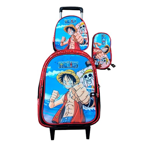 Kit Mochila One Piece com Rodinhas + Lancheira Térmica + Estojo Escolar Infantil