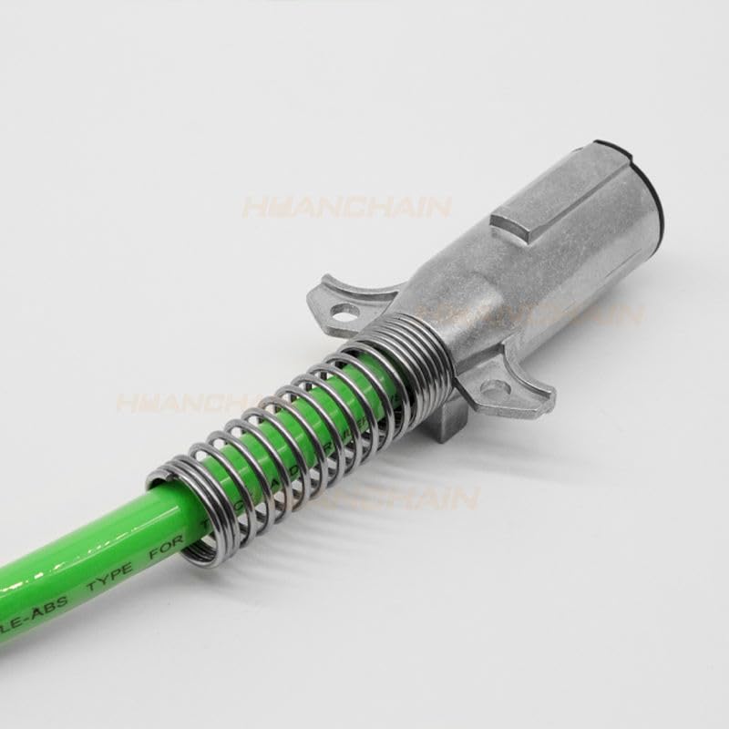 7-Way Coiled Trailer Cord, Green, 15 ft, Pure Copper Conductor, PVC/TPE Jacket, IP66, for Truck, Trailer, and RV