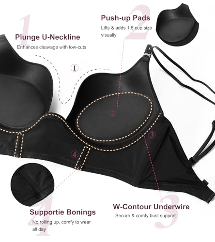 Image of Lemorosy Backless Push Up Bra Low Back Multiway Convertible Deep Plunge Underwire for Support