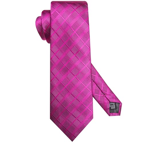 Image of Hi-Tie Mens Hot Pink Checkered Ties Set Classic Necktie Lapel Pin Pocket Square Cufflinks Sets Formal Business Wedding