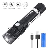 Linterna LED Recargable USB: recargable a través de la batería suministrada de 2200 mAh, la luz roja indica carga, la luz verde indica carga completa. La linterna LED tiene un agarre antideslizante.