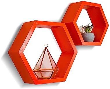 Set of 2 Pine Wood Hexagon Shelves for Wall Decor, Farmhouse Honeycomb Boho Shelves, Green Forest