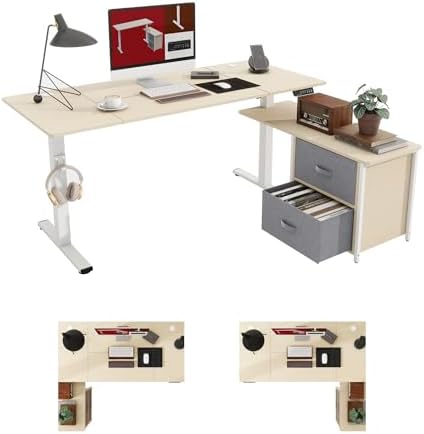 SANODESK 63'' L Shaped Standing Desk with 2-Drawer File Cabinet, Electric Height Adjustable Stand up Desk w/USB Charge Ports, Home Office Modern Wood Computer Desk with Shelves,White Frame/Maple Top - Thumbnail 4