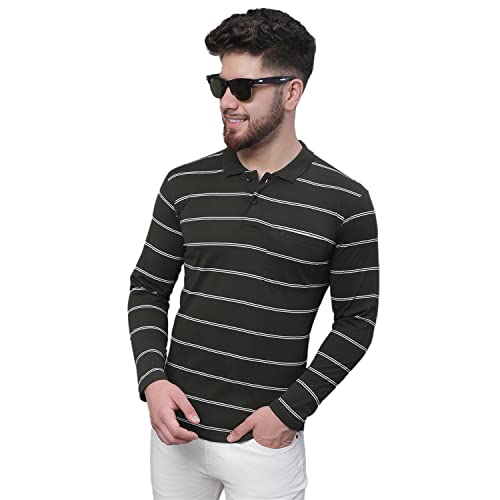 Image of Venitian Men Striped Cotton Polo Neck Full Sleeves T-Shirt with Pocket