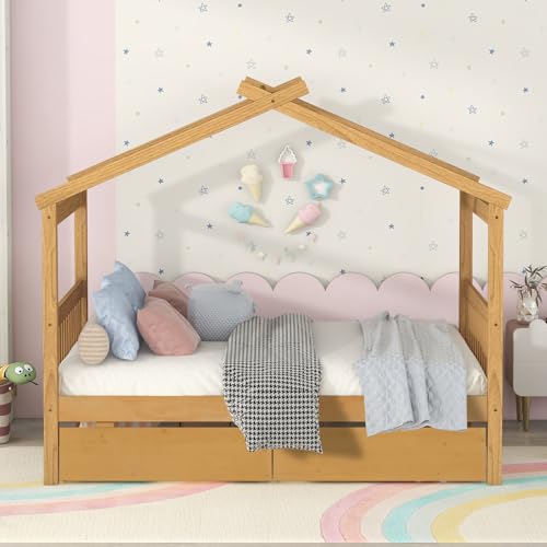 Image of Full Size House Platform Bed with Roof and 2 Drawers, Solid Wood House Daybed Frame with Headboard and Slat Support for Kids Teens Girls Boys Bedroom, Can Be Decorated (Natural-03, Full)